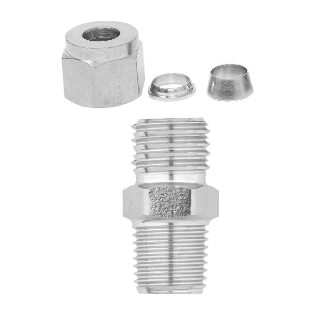 Переходник НР 1/4 под трубку 8 мм. нерж. Переходник НР 1/4 под трубку 8 мм. нерж.